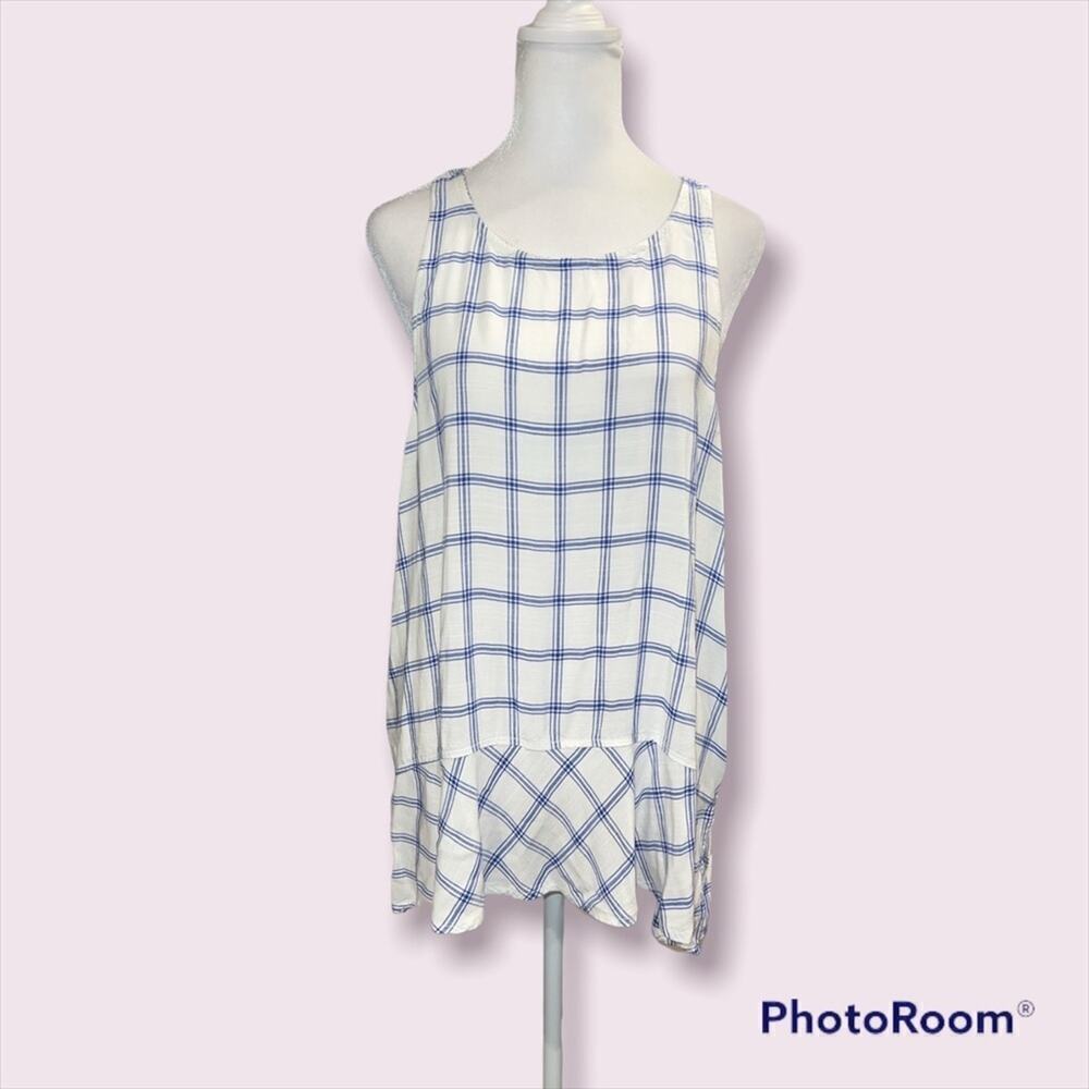 Cloth & Stone Womens Blue White Plaid Ruffle Hem‎ Sleeveless Tunic Top Large